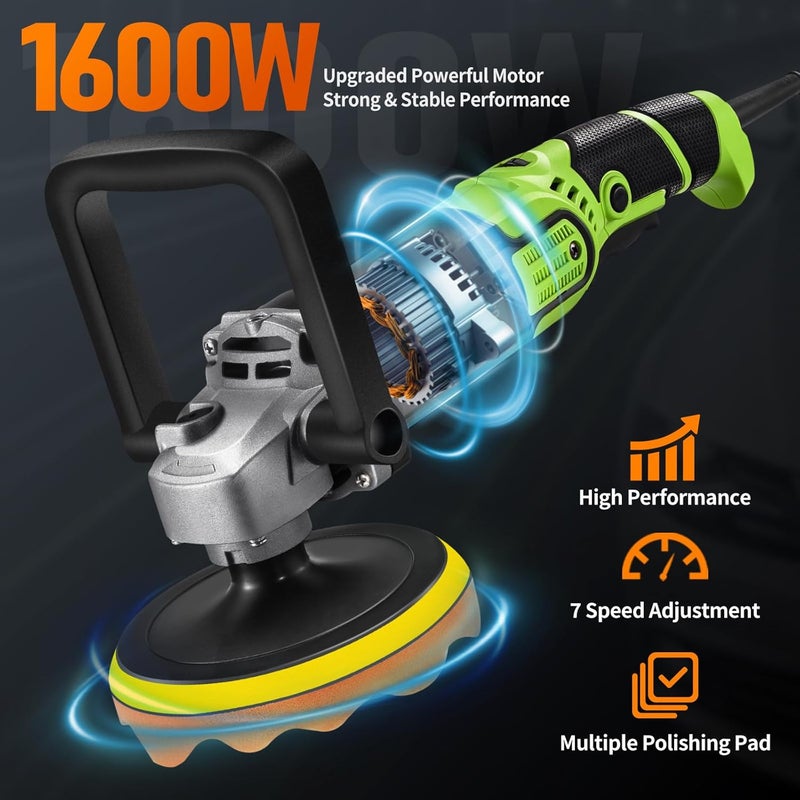 WorkBless Buffer Polisher, 1600W 6"/7" Rotary Car Polisher with 7-Speed(1600-3500 RPM), Car Buffers and Polishers Kit for Cars, Boats, Floors, Furniture - Image 2